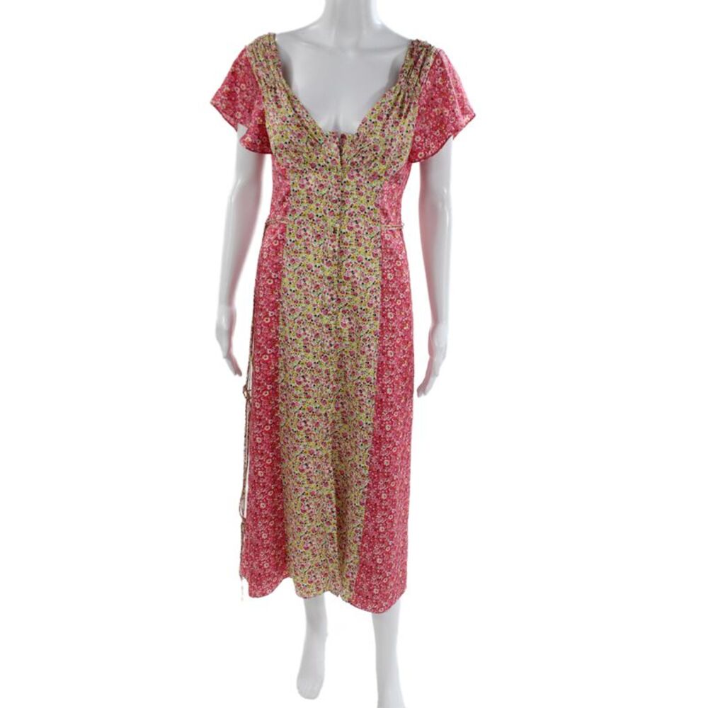 Cinq à Sept Women Maxi Sundress Pink Floral V-Neck Short Sleeve Size 2